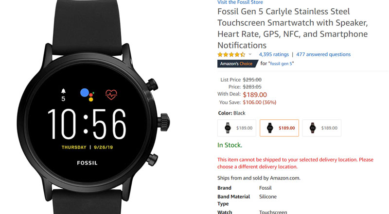 Fossil Gen 5 CarlyleHRステンレス鋼がAmazonPrimeで利用可能