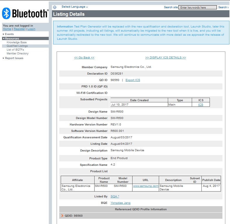Samsung SmartwatchSM-R600がBluetooth認証を取得